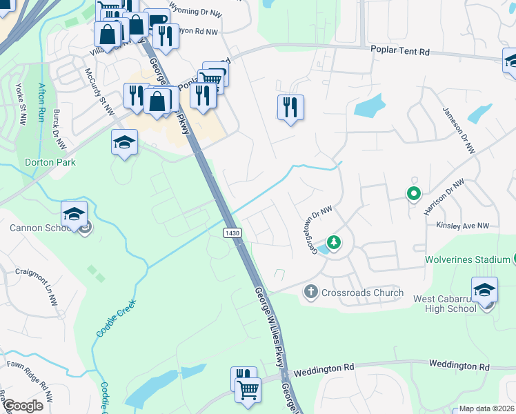map of restaurants, bars, coffee shops, grocery stores, and more near 308 Laurel Bay Street Northwest in Concord