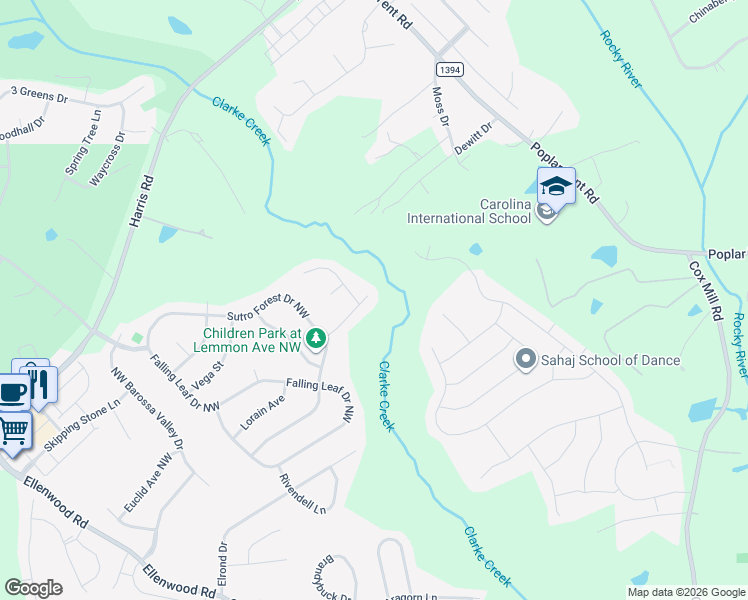 map of restaurants, bars, coffee shops, grocery stores, and more near 10308 Shrader Street Northwest in Concord