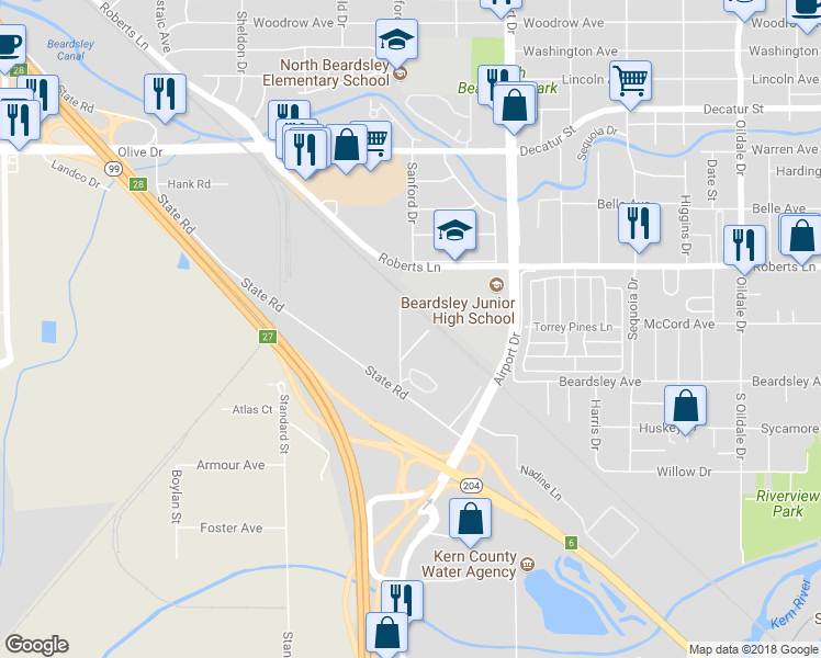 map of restaurants, bars, coffee shops, grocery stores, and more near 5108 Pierce Place in Bakersfield