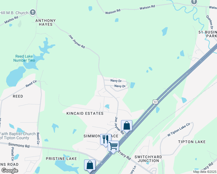 map of restaurants, bars, coffee shops, grocery stores, and more near 5 Navy Circle in Munford