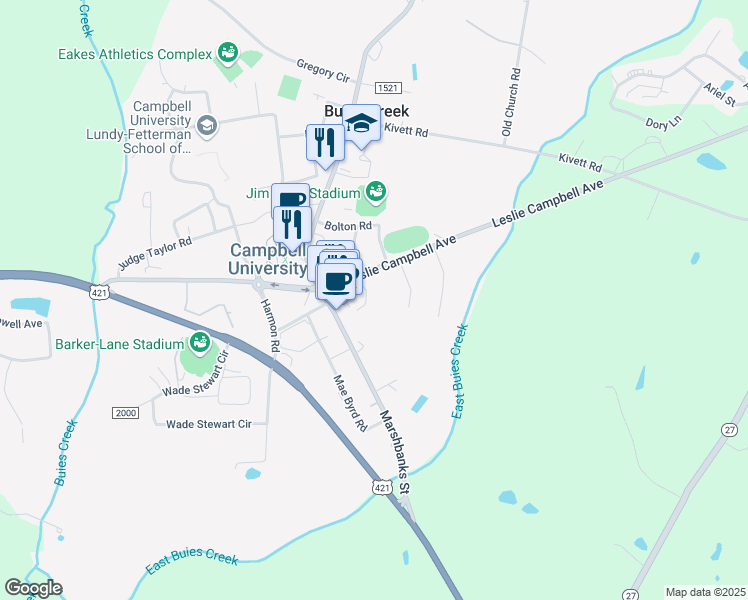 map of restaurants, bars, coffee shops, grocery stores, and more near 25 Bostic Drive in Lillington