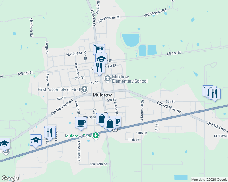 map of restaurants, bars, coffee shops, grocery stores, and more near 104 Sequoyah Street in Muldrow
