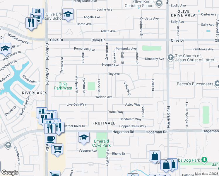 map of restaurants, bars, coffee shops, grocery stores, and more near 5124 Patton Way in Bakersfield