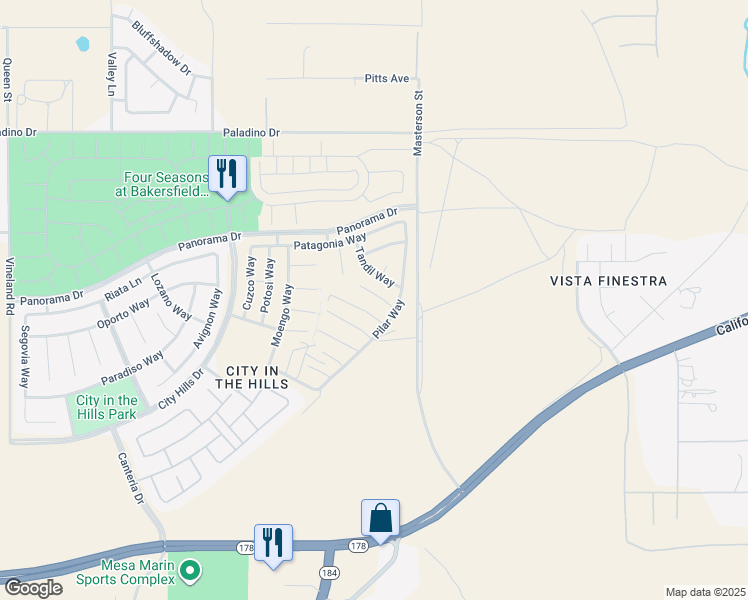 map of restaurants, bars, coffee shops, grocery stores, and more near 11115 Guaranda Place in Bakersfield