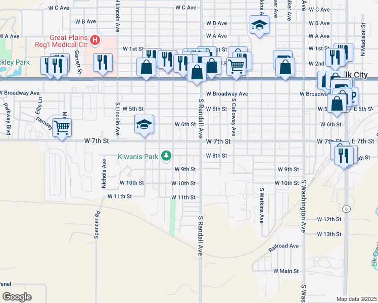 map of restaurants, bars, coffee shops, grocery stores, and more near 517 South Elk Avenue in Elk City