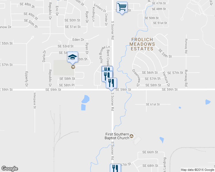 map of restaurants, bars, coffee shops, grocery stores, and more near 5276 Southeast 59th Street in Oklahoma City
