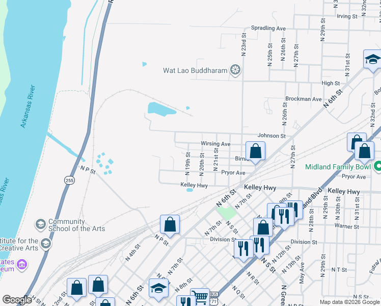 map of restaurants, bars, coffee shops, grocery stores, and more near 2605 North 19th Street in Fort Smith