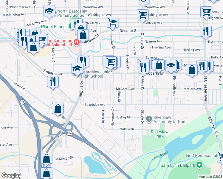 map of restaurants, bars, coffee shops, grocery stores, and more near 335 Hickorywood Lane in Bakersfield