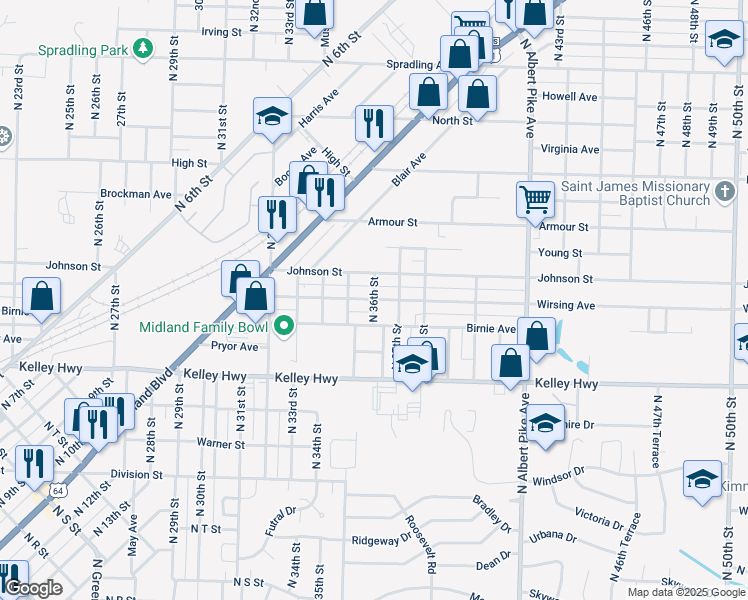 map of restaurants, bars, coffee shops, grocery stores, and more near 3598 Wirsing Avenue in Fort Smith