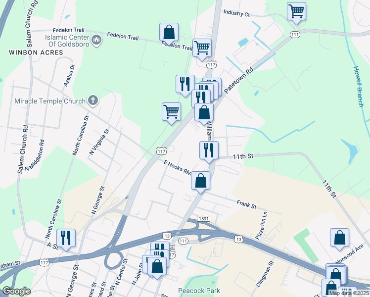 map of restaurants, bars, coffee shops, grocery stores, and more near 1904 North John Court in Goldsboro