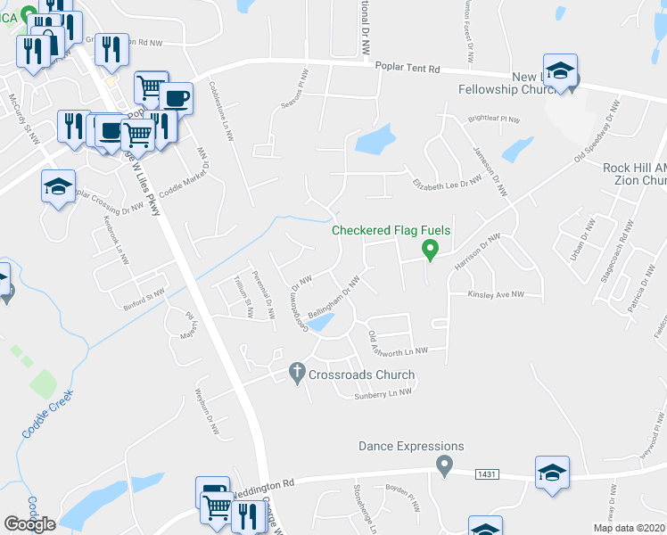 map of restaurants, bars, coffee shops, grocery stores, and more near 640 Georgetown Drive Northwest in Concord