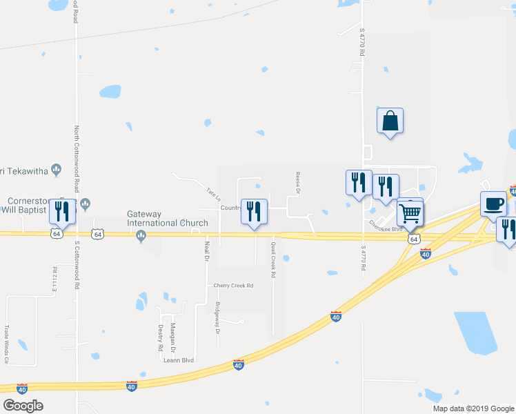 map of restaurants, bars, coffee shops, grocery stores, and more near 302 Countryside Lane in Roland