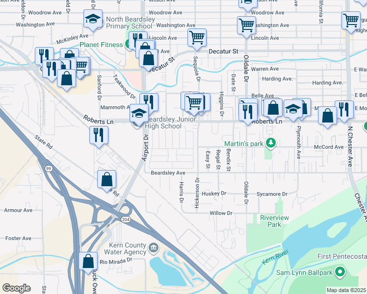 map of restaurants, bars, coffee shops, grocery stores, and more near 316 Nita Lane in Bakersfield