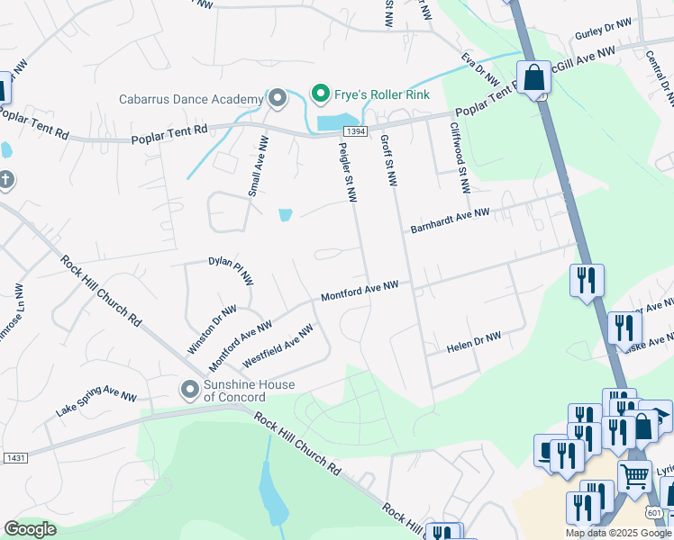map of restaurants, bars, coffee shops, grocery stores, and more near 600 Peigler Street Northwest in Concord