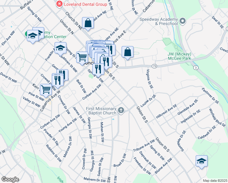 map of restaurants, bars, coffee shops, grocery stores, and more near 155 Spring Street Southwest in Concord
