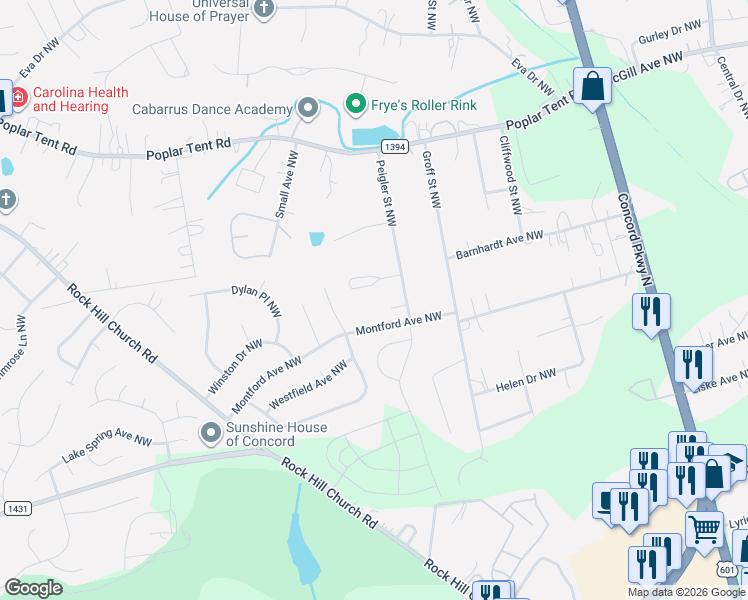 map of restaurants, bars, coffee shops, grocery stores, and more near 2692 Poplar Cove Dr NW in Concord
