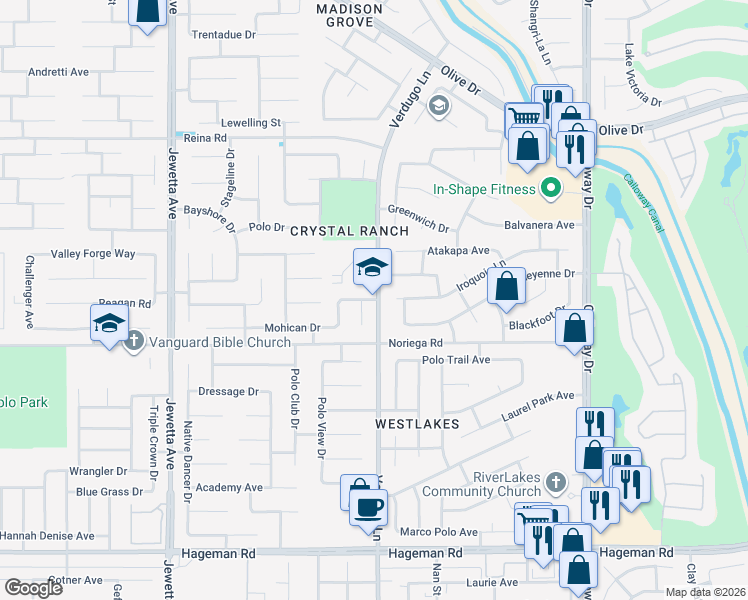 map of restaurants, bars, coffee shops, grocery stores, and more near Verdugo Ln in Bakersfield