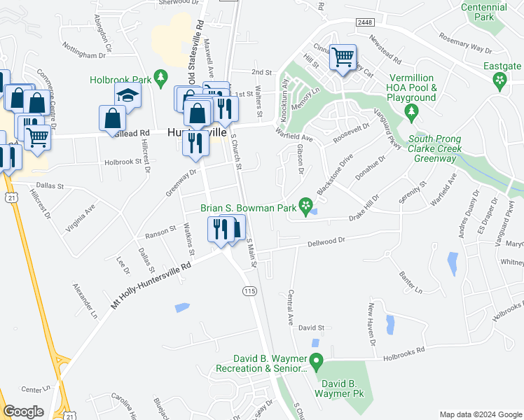 map of restaurants, bars, coffee shops, grocery stores, and more near 204 Gibson Park Drive in Huntersville