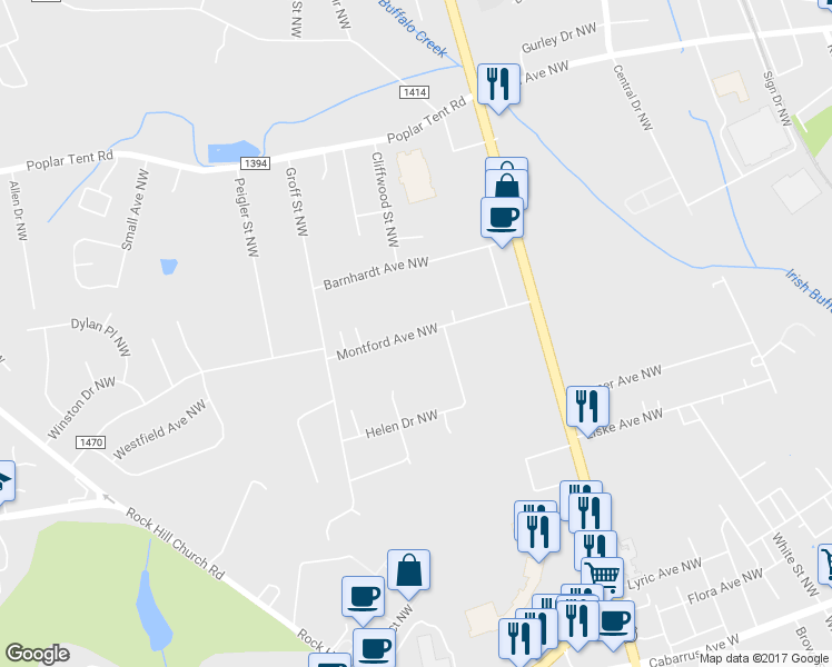 map of restaurants, bars, coffee shops, grocery stores, and more near 2315 Montford Avenue Northwest in Concord