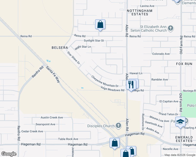 map of restaurants, bars, coffee shops, grocery stores, and more near 13300 Boyd Lake Drive in Bakersfield