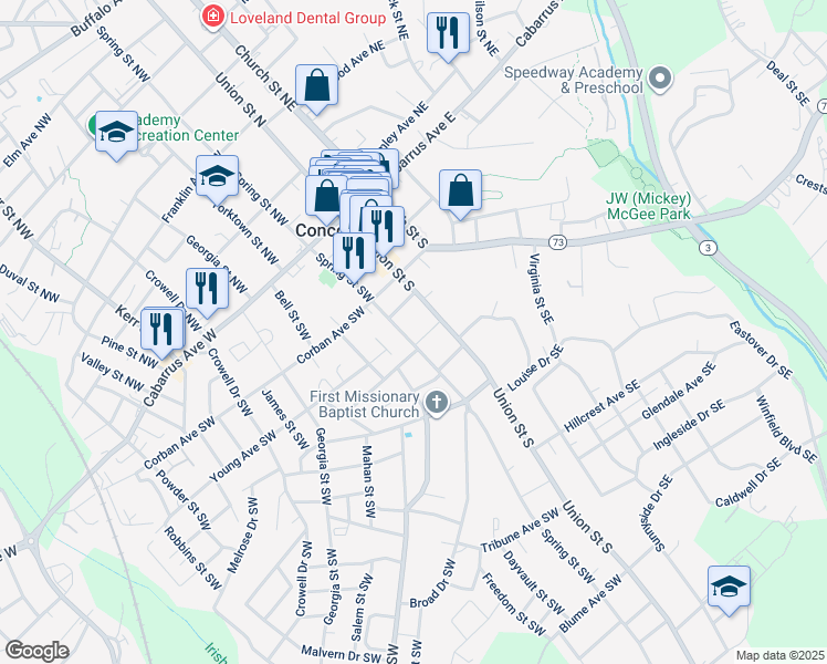 map of restaurants, bars, coffee shops, grocery stores, and more near 155 Spring Street Southwest in Concord