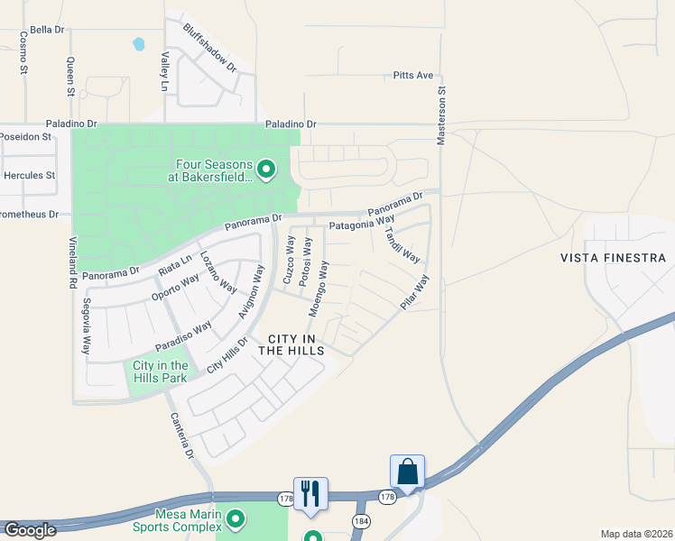 map of restaurants, bars, coffee shops, grocery stores, and more near 10800 Asuncion Place in Bakersfield