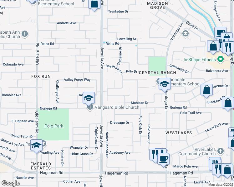 map of restaurants, bars, coffee shops, grocery stores, and more near 5200 Bold Ruler Court in Bakersfield