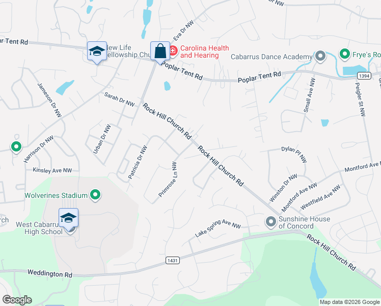 map of restaurants, bars, coffee shops, grocery stores, and more near 562 Primrose Lane Northwest in Concord