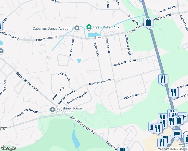 map of restaurants, bars, coffee shops, grocery stores, and more near 600 Peigler Street Northwest in Concord