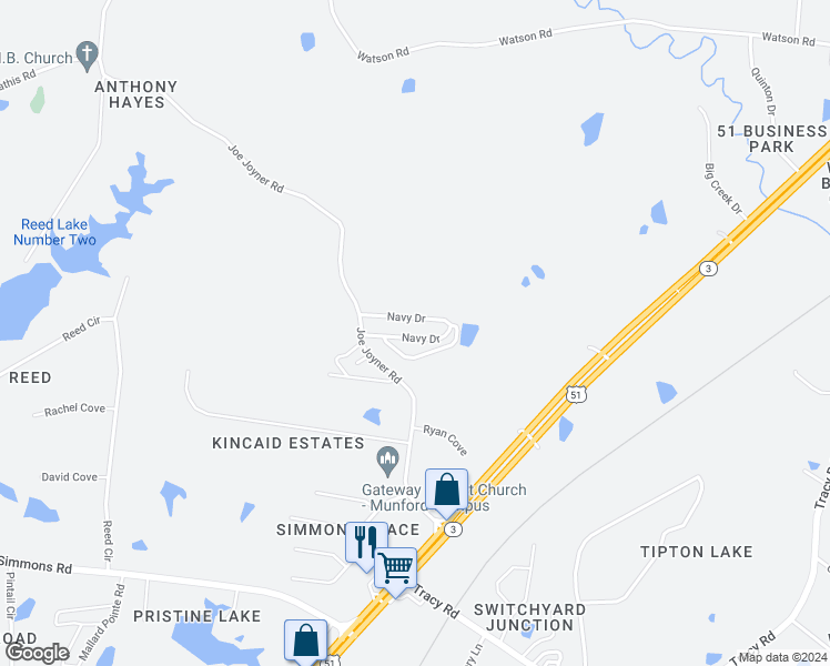 map of restaurants, bars, coffee shops, grocery stores, and more near 158 Navy Circle in Munford