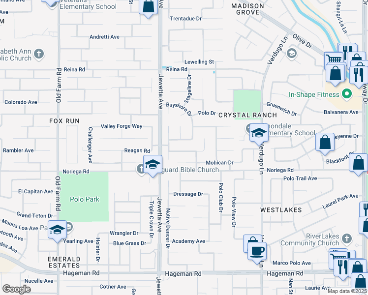 map of restaurants, bars, coffee shops, grocery stores, and more near 5200 Bold Ruler Court in Bakersfield