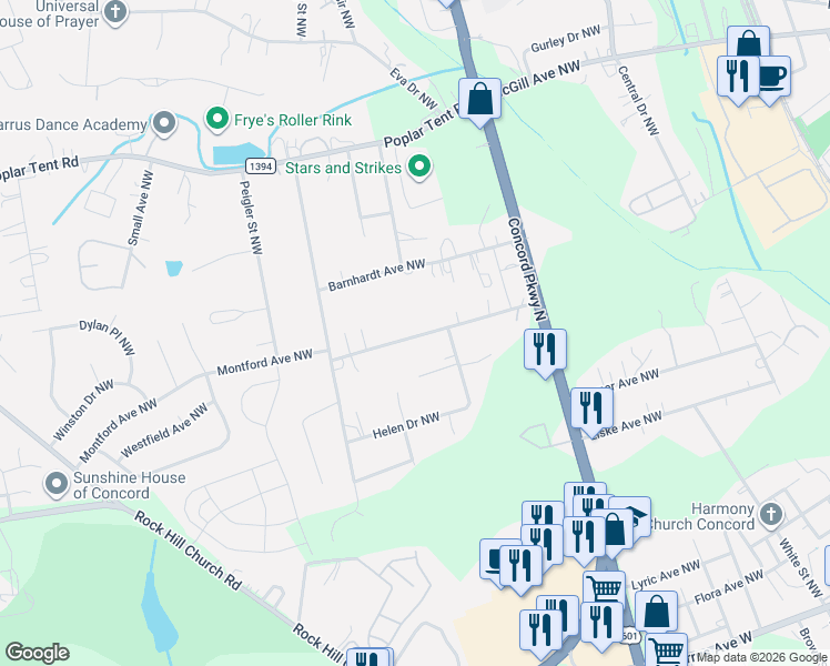map of restaurants, bars, coffee shops, grocery stores, and more near 2310 Montford Avenue Northwest in Concord