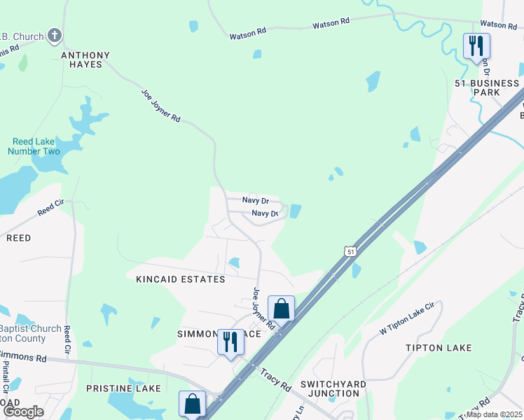 map of restaurants, bars, coffee shops, grocery stores, and more near 158 Navy Circle in Munford
