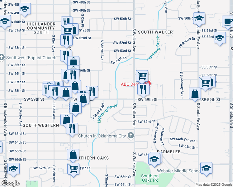 map of restaurants, bars, coffee shops, grocery stores, and more near 5901 South Lee Avenue in Oklahoma City