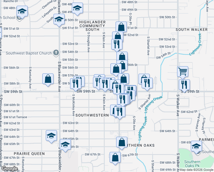map of restaurants, bars, coffee shops, grocery stores, and more near 923 Southwest 58th Street in Oklahoma City
