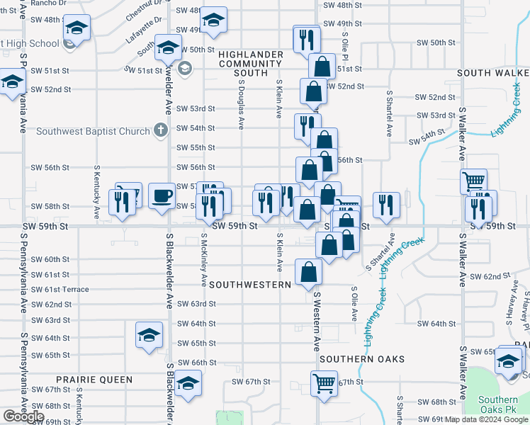 map of restaurants, bars, coffee shops, grocery stores, and more near 1009 Southwest 58th Street in Oklahoma City