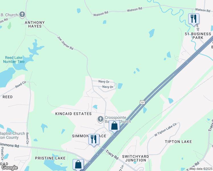 map of restaurants, bars, coffee shops, grocery stores, and more near 158 Navy Circle in Munford