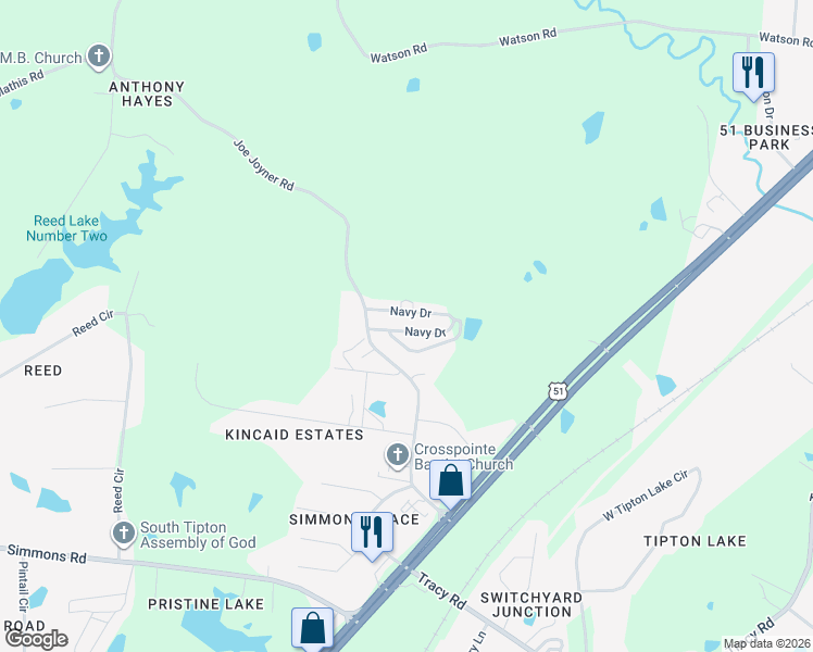 map of restaurants, bars, coffee shops, grocery stores, and more near 68 Navy Drive in Munford