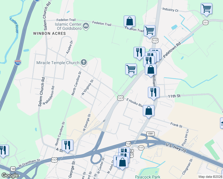 map of restaurants, bars, coffee shops, grocery stores, and more near 213-217 West Hooks River Road in Goldsboro