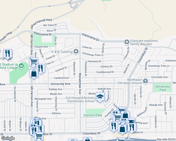 map of restaurants, bars, coffee shops, grocery stores, and more near 3206 Candlewood Drive in Bakersfield