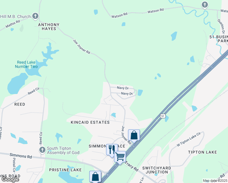 map of restaurants, bars, coffee shops, grocery stores, and more near 379 Navy Circle in Munford