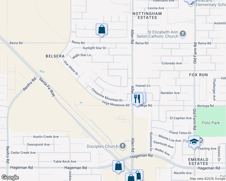 map of restaurants, bars, coffee shops, grocery stores, and more near 13112 Boyd Lake Drive in Bakersfield