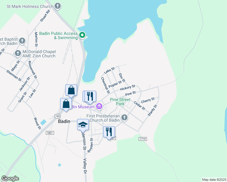 map of restaurants, bars, coffee shops, grocery stores, and more near in Badin
