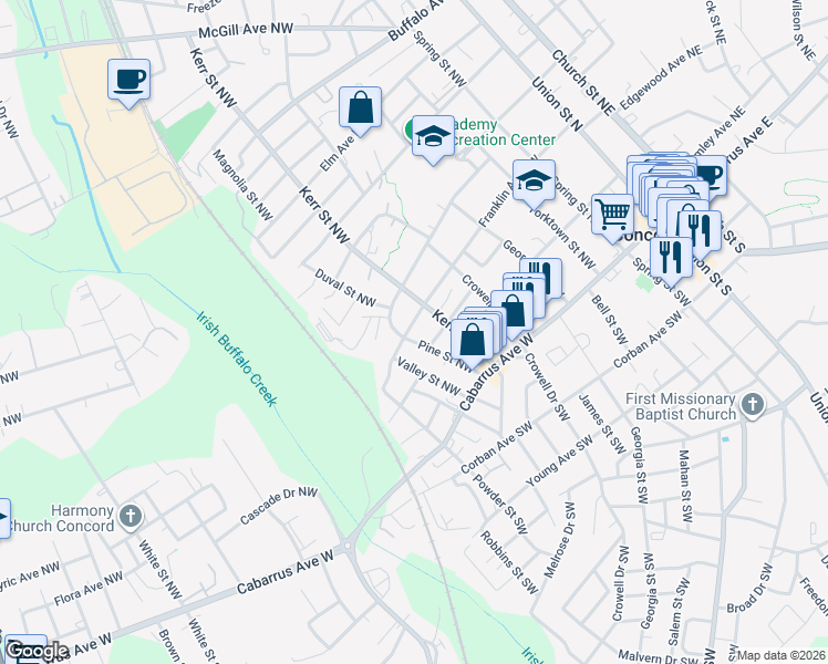 map of restaurants, bars, coffee shops, grocery stores, and more near 253 Franklin Avenue Northwest in Concord