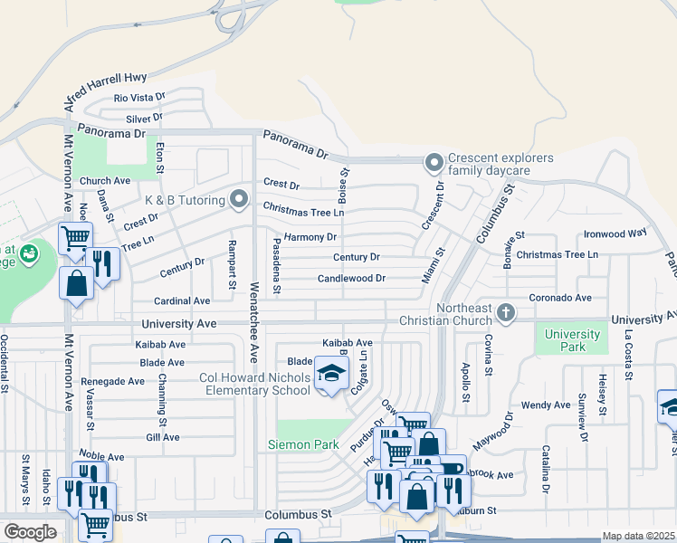 map of restaurants, bars, coffee shops, grocery stores, and more near 3424 Candlewood Drive in Bakersfield