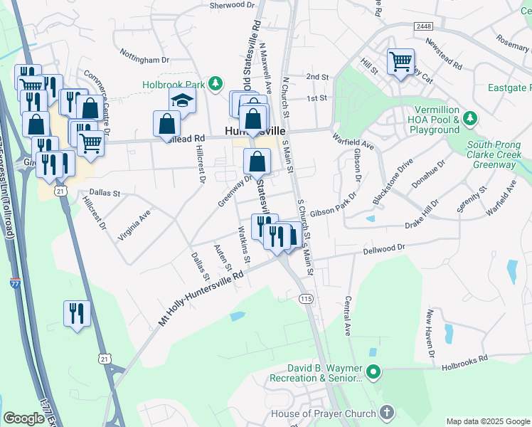 map of restaurants, bars, coffee shops, grocery stores, and more near South Old Statesville Road in Huntersville