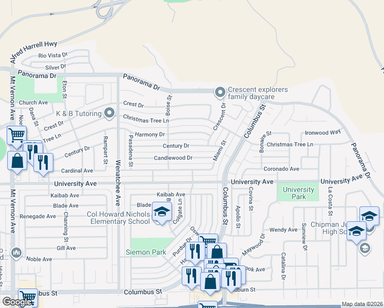 map of restaurants, bars, coffee shops, grocery stores, and more near 3605 Century Drive in Bakersfield