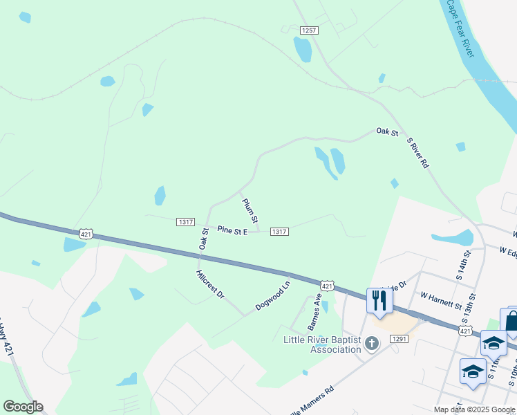 map of restaurants, bars, coffee shops, grocery stores, and more near 77 Plum Street in Lillington