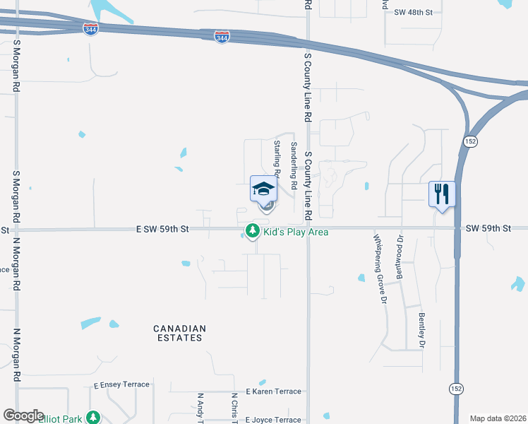 map of restaurants, bars, coffee shops, grocery stores, and more near 9201 Southwest 59th Street East in Oklahoma City