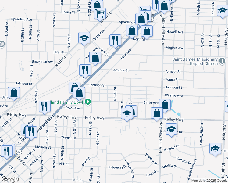 map of restaurants, bars, coffee shops, grocery stores, and more near 3510 Johnson Street in Fort Smith